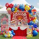 Carnival Theme birthday party decorations & include red blue yellow balloon & foil hot air popcorn balloons & striped banner tablecloth & Backdrop carnival Circus road sign paper card Signboard decor
