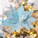 6 Pcs Large Coastal Christmas Ornaments 9.8 Ocean Beach Artificial Poinsettias Christmas Tree Decor Blue Glitter Poinsettia Flower Picks with Starfish Sea Shells for Xmas Tree Decor Wreath Garland