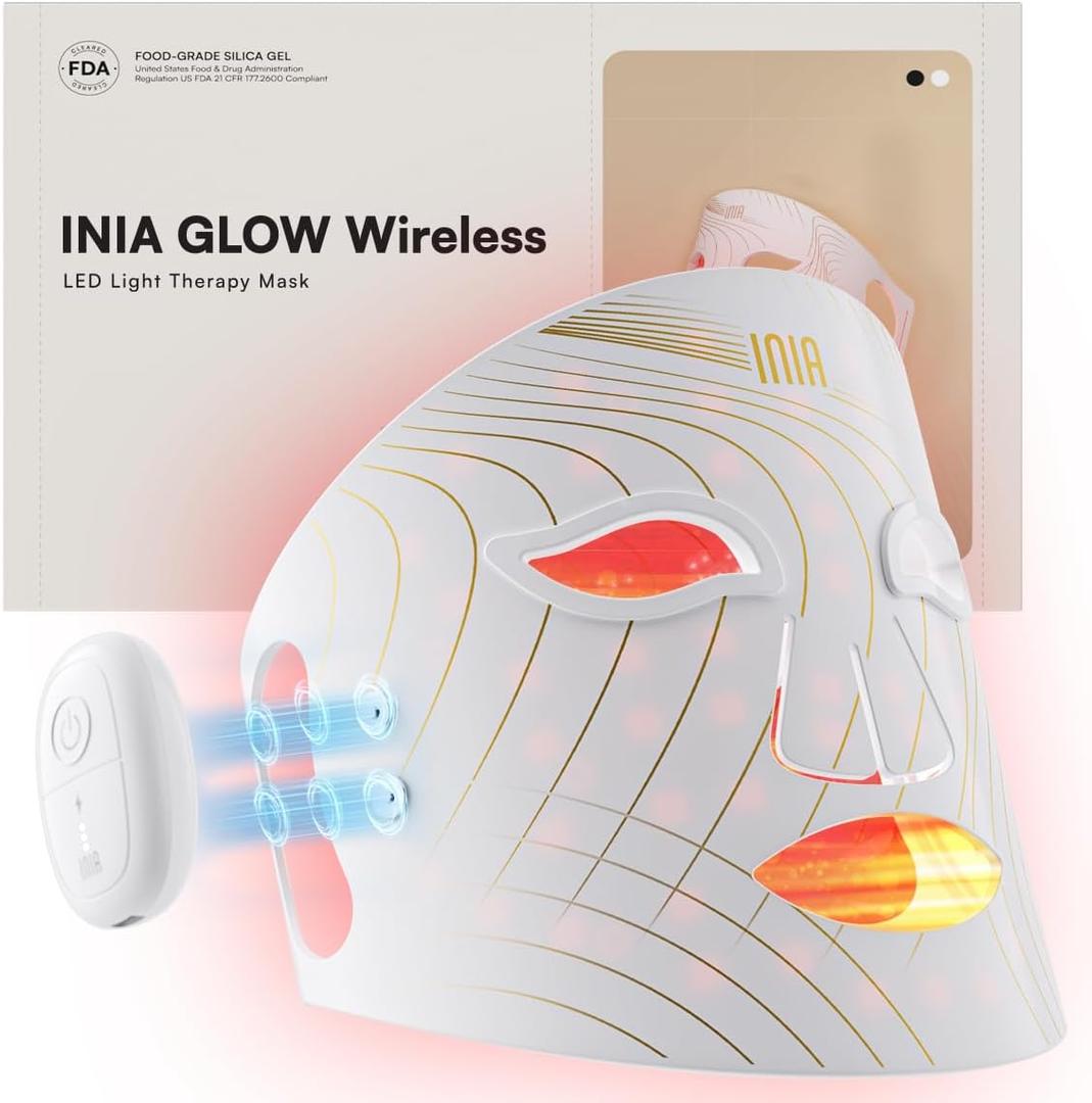 INIA Red Light Therapy Mask for Face, Glow Wireless LED Face Mask Light Therapy with Near-Infrared Red Light (NIR), Rechargeable and Ergonomic Design for Home & Travel
