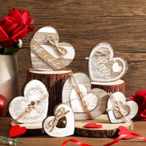 6 Pcs Valentine's Day Decorations Rustic Heart Shaped Wooden Sign Farmhouse Love Wood Block Table Centerpiece Valentines Tiered Tray Decor for Valentines Day Wedding Home
