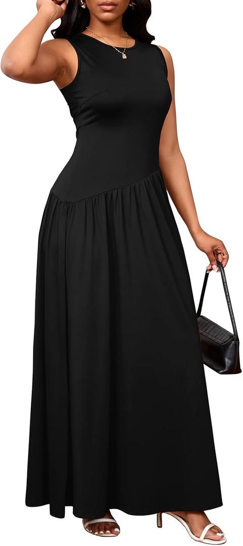 PerZeal Women's Summer Maxi Dress Crewneck Sleeveless Patchwork Knit High Waisted Ruched Tank Flowy Long Formal Dresses (Large, 6026 Black)