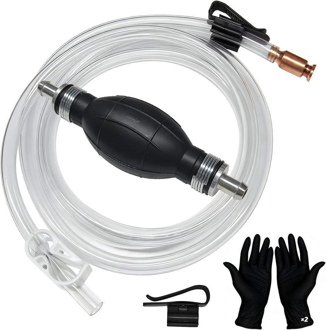 Fuel Transfer Pump, Gas Siphon Pump for Gasoline, Manual Hand Gasoline Transfer Pump for Fuel, Oil, Diesel, Water, Liquid, Fluid with 10 Ft PVC Siphon Hose, Brass, Pinch Clips and Gloves15mm