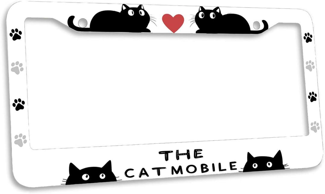 Cute Cat License Plate Frame The Cat Mobile Heart Pet Paw Print License Plate Personalise Stainless Steel Metal Car Plates Funny License Plate Frames Decorative for Men Women 12.2"x6.2" 1PC