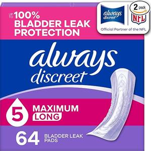 Always Discreet Adult Incontinence Pads for Women, Drier, 5 Drop Long Length, Heavy Absorbency, Pads for Bladder Control Management, Bladder Leaks, & Postpartum Pads, 64ct
