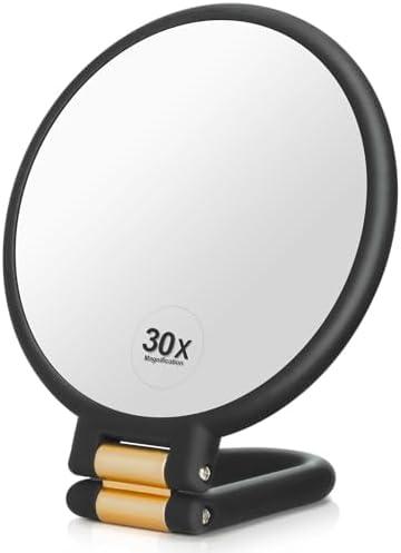 Martvex 1x 30x Magnifying Travel Mirror, Hand Mirror with Handle - Double Side Hand Held Mirror with 1x30x Magnification & Foldable Handle, Portable Travel Makeup Hand Mirror for Women (Black)