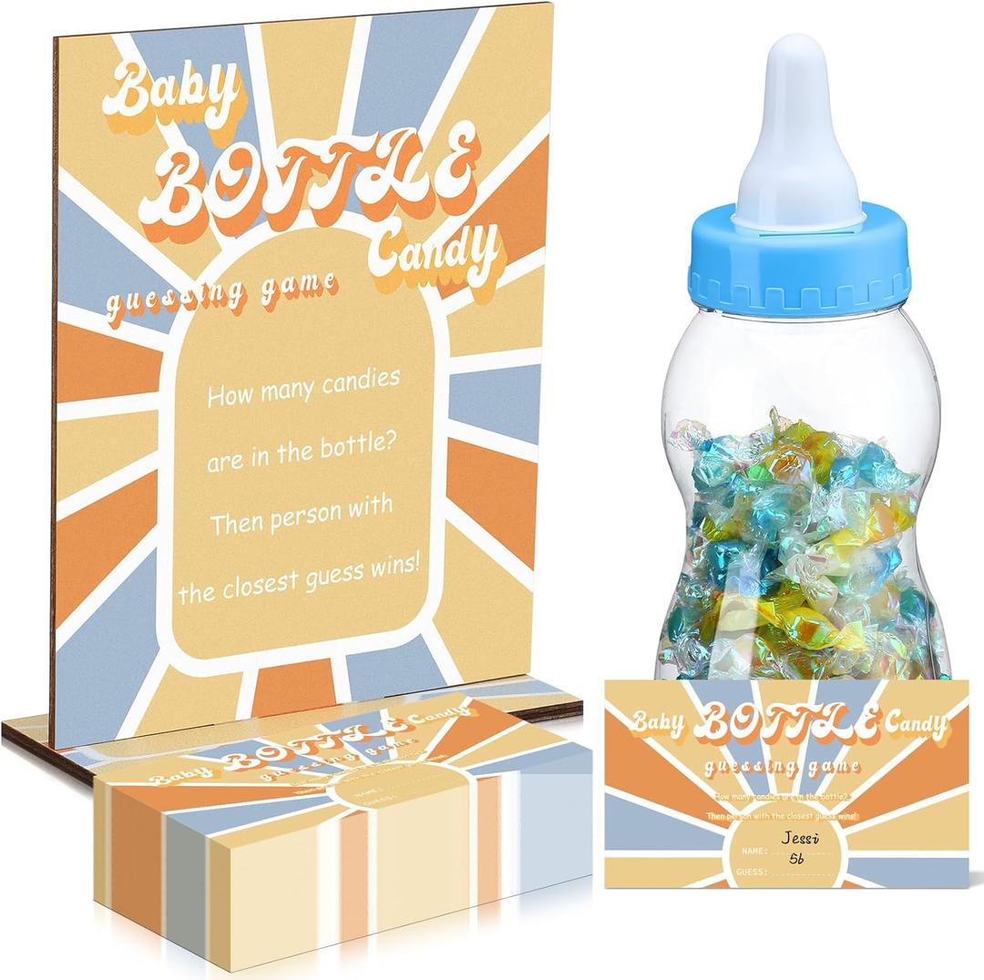Dandat 62 Pcs Here Comes the Son Candy Guessing Game Includes 11 Inch Large Baby Bottle Bank 60 Pcs Candy Guessing Cards for Expecting Mothers, Girl and Boys Baby Showers Party Games