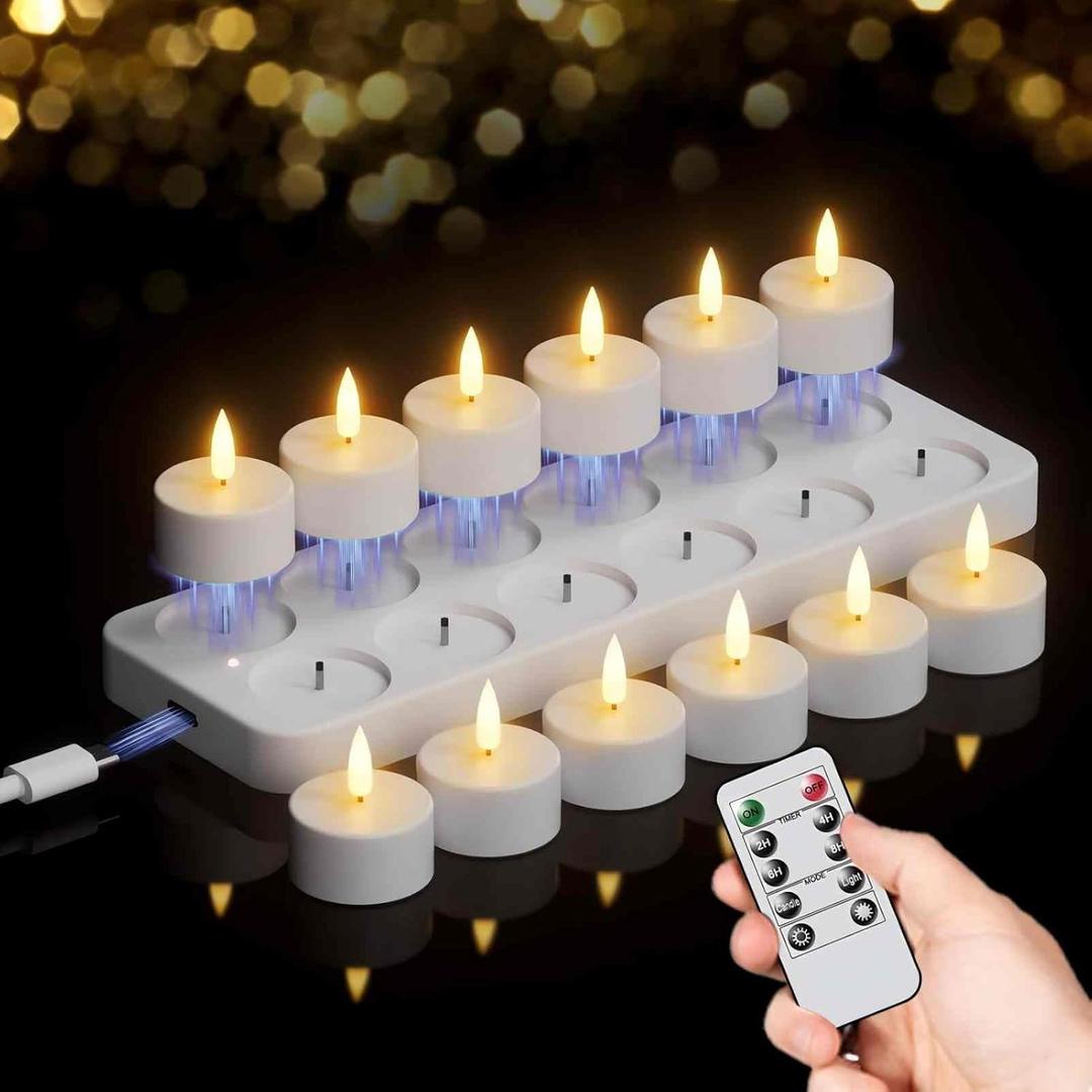 GenSwin 12 Rechargeable Tea Lights Candles with Charging Base and Remote Timer, Flameless LED Tealight Candles Battery Operated Halloween Fall Wedding Table Centerpieces (1.57 x 1.85)