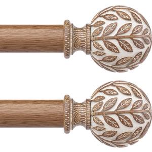 Boho Wood Curtain Rod 36-91 Inch, Decorative 1 Inch Rustic Farmhouse Window Treatment Rods, Adjustable Heavy Duty Curtain Rods for Windows with Handmade Imitation Wood Grain Leaf Finials, White Wood
