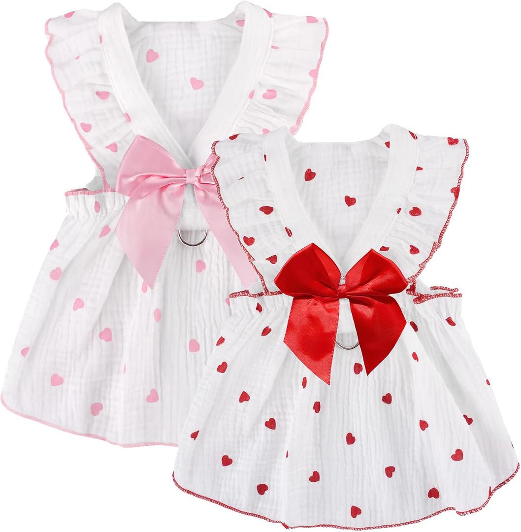 2 Pack Dog Dress Clothes for Small Dogs Girl with Leash Ring&Bows Puppy Cat Clothes Heart Print Cat Dog Outfit Dresses Ruffled Summer Pet Apparel Holiday Birthday Small (Medium, Pink+Red)