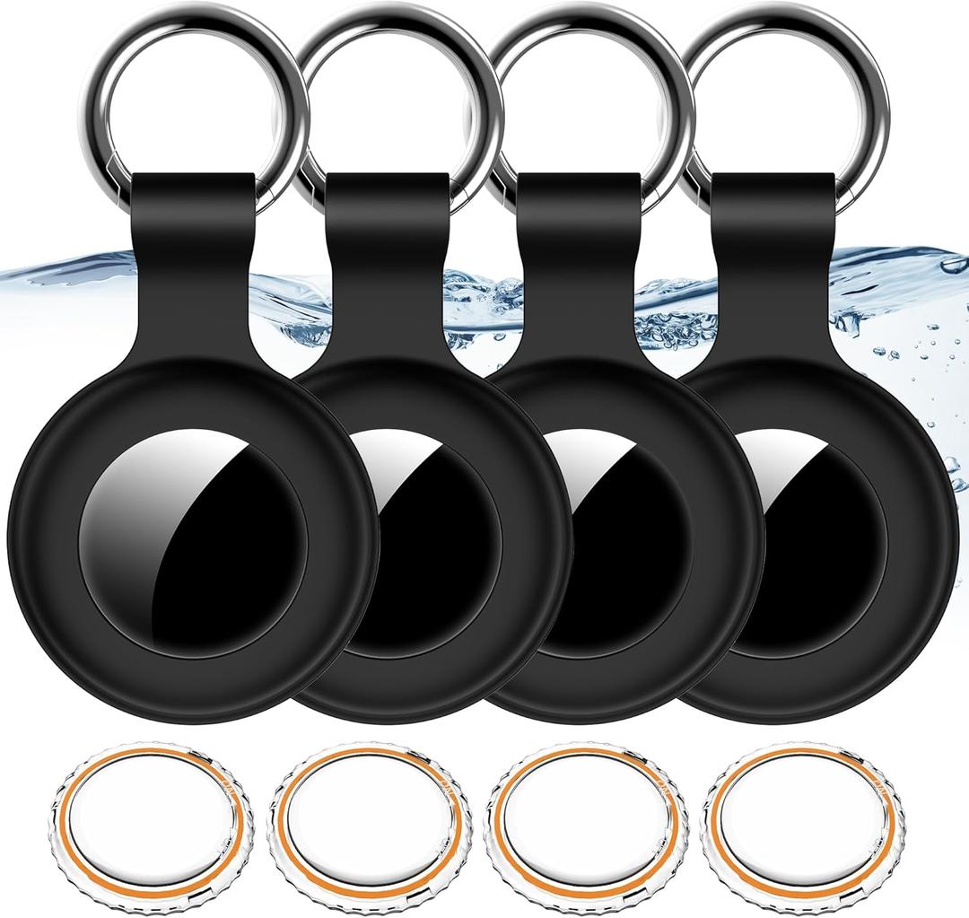 4Pack,Compatible with Airtag Holder Case with Keychain IPX8 Waterproof,Shockproof GPS Tag Tracker Cover [Anti-Scratch] [PC+Silicone] for Item Finders Case for Pets,Kids,Luggages-4 Black