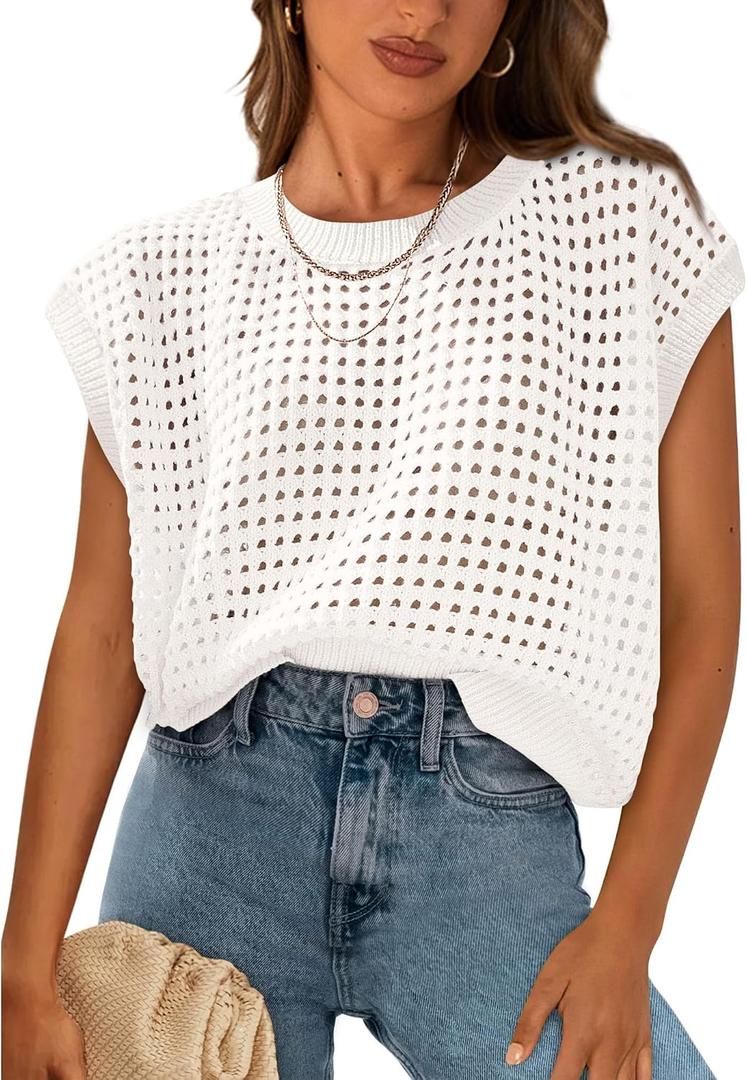 PRETTYGARDEN Womens Spring Tops 2025 Summer Shirts Crochet Cap Sleeve Sweater Pullover Cute Beach Vacation Clothes(White, Small)