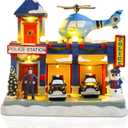VCUTEKA Animated Christmas Village Houses, Lighted Musical Police Station Scene with Helicopter, Patrol Car, Dog, Victorian Xmas Village Collectible Building for Holiday Home Table Display Dcor (Blue)