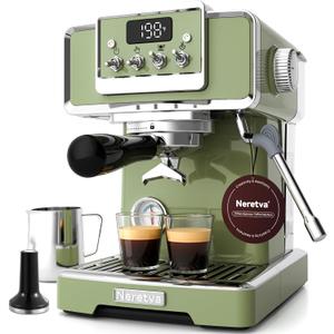 Neretva Espresso Coffee Machine, Professional Espresso Machine with Pressure Gauge 15Bar Retro Espresso Maker with Power Milk Frother Stainless Steel for Home Barista Latte and Cappuccino Maker-Green