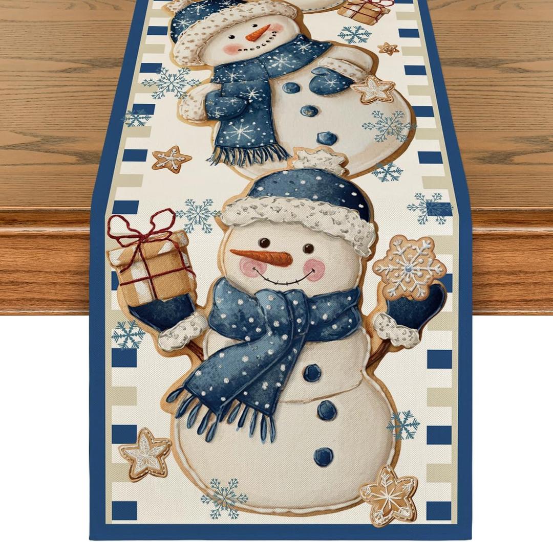 Artoid Mode Blue Snowman Xmas Gift Snowflake 210 GSM Winter Table Runner, Seasonal Christmas Kitchen Dining Table Decoration for Home Party Decor 13x72 Inch