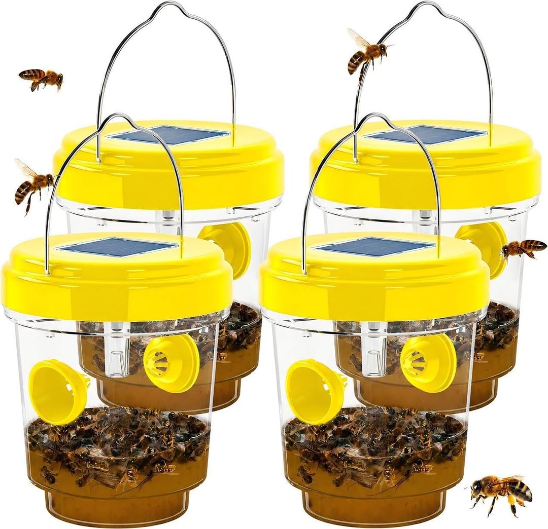 Wasp Traps Outdoor Hanging, Solar Bee Trap for Outside, Reusable Solar Powered Hornet Traps, Bee Wasp Catcher Outside Garden 4 Packs