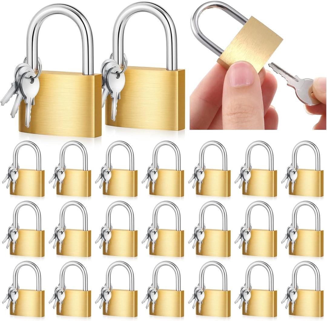 24 Pcs Solid Brass Padlocks Keyed Alike, Locker Locks with Same Keys, Weatherproof Strong, 30mm 1-3/16'' Small Yellow Gym Lock, for Toolbox, Luggage, Storage Unit, Backpacks