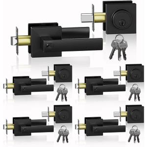 5 Pack Exterior Door Handle with Single Cylinder Deadbolt,Front Door Handle and Deadbolt Set,Matte Black Keyed Alike Heavy Duty Door Lever Locksets Right & Left Sided Doors,1 Key 1 Combo