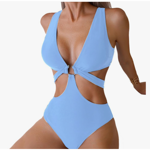 Women's Deep V Neck One Piece Swimsuit O-Ring Swimwear Sexy Cut Out Bathing Suit, Size M