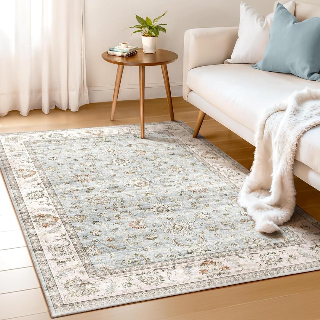 Washable Boho Bedroom Area Rugs 3x5 Entry Throw Traditional Vintage Accent Non Slip Low Pile Soft Rug for Entryway Living Room Bedside Kitchen Office Dorm Foyer Entrance, Light Blue