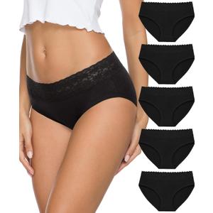 Womens Cotton Underwear 5-Pack - Breathable Lace Bikini Panties, Full Coverage Ladies Underwear Soft Combed Cotton (XX-Large, Black)