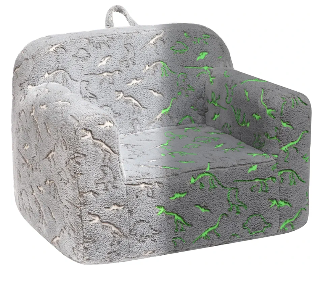 ALIMORDEN Kids UltraSoft Snuggle Foam Filled Chair, GlowinTheDark Dinosaurs Fossil Pattern Toddler Cuddly Sherpa Reading Couch for Boys and Girls