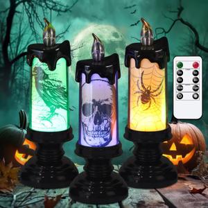 DRomance Halloween Flameless Flickering Candle Lights with Remote Timer, Battery Operated LED Candle Lamp Spooky Skull Crow Spider Decals and Lights Indoor Decor(3 Pack, 2.8" D x 7.8" H)