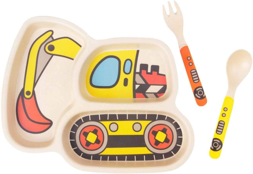Kids Plates - 3-Piece Bamboo Toddler Plates Dinnerware Set - Divided Plate, Baby Spoon & Fork - Teaches Portion Control (1excavator), Set Of 2 Kids Plates - 3-Piece Bamboo Toddler Plates Dinnerware Set - Divided Plate, Baby Spoon & Fork - Teaches Portion Control (1excavator), Set Of 2