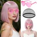 MEEZY Light Pink Short Bob Wigs Straight Hair with Flat Bangs Heart Sunglasses for Women, Colorful Funny Cosplay Daily Party Neon Wig Synthetic Natural As Real Hair Carnival Halloween Costume