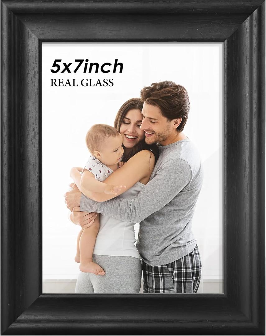 PEALSN 5x7 Picture Frame with Real Glass Front and Black Backboard, Wall Gallery Photo Frames for Wall Mounting or Tabletop Display, Black