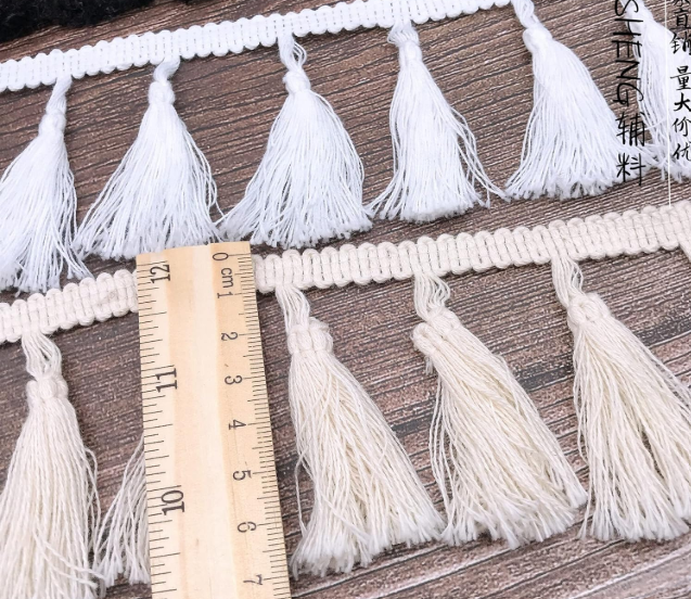 Yulakes 5 Yards Cotton Curtain Fringe Trim Quality Tassel Trimming Lace Fabric Ribbon Sewing Pom Trim Tassel Pompoms Trim Ball Fringe Embroidery Garment Fabric Handmade Accessory 7CM Wide (White)