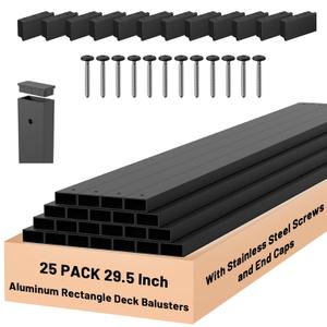ZONEGRACE 25 Pack 29.5 Inch Black Aluminum Rectangular Deck Balusters with End Caps & Stainless Steel Screws, Face Mount Railing Spindles for Deck Porch Stair Balcony