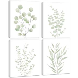 KUVIOKE Botanical Framed Boho Wall Art Bathroom Plants Wall Decor Green Sage Eucalyptus Leaf Prints Minimalist Aesthetic Ready to Hang Set of 4, 8x10 in (Framed)
