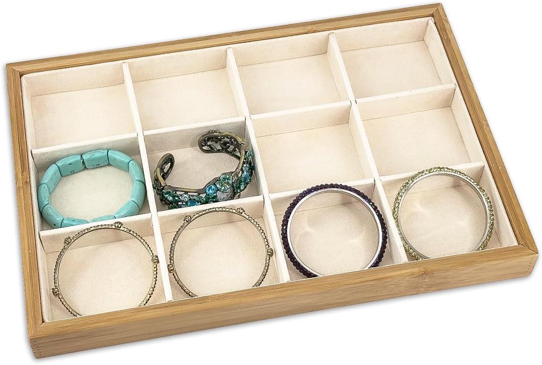 The Display Guys - Stackable Jewelry Tray and Organizer - for Drawers, Dressers, Store Display (12 Compartments, Bamboo Suede)