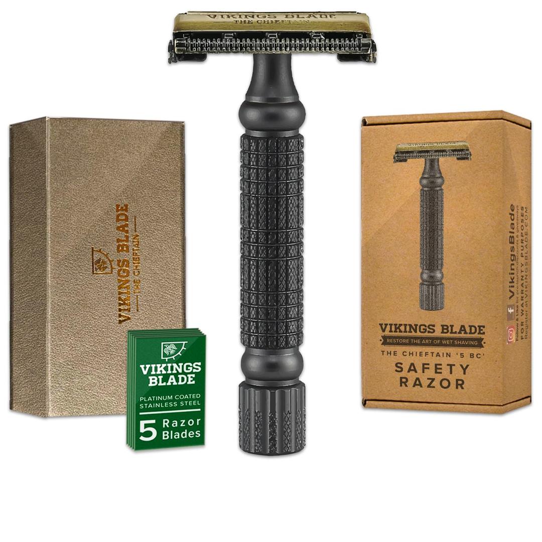 VIKINGS BLADE Double Edge Safety Razor for Men + 5 Swedish Steel Blades + Luxury Case. Smooth, Reusable, Recyclable (Chieftain 5 BC) (Vintage Bronze & Ancient Dust)