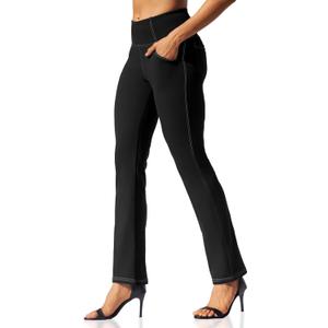 VOOVEEYA Womens Straight Leg Leggings, High Waisted Yoga Pants with Pockets Tummy Control Bootcut Casual Dress Pants (Black, XL)