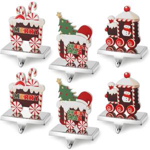 6 Pcs Christmas Stocking Holders for Mantle, Heavy Duty Metal Xmas Stocking Hangers Weighted Christmas Skid Mantel Hooks Hanger, Candy Train Elements for Fireplace Counter Window Decor