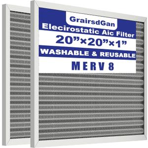 (2 Pack) 20x20x1 Reusable Air Filter, Washable Filter, Electrostatic, MERV 8, Lasts a Lifetime-HVAC AC Furnace Systems Air Filter (Actual Size: 19.75x19.75x0.82Inch)