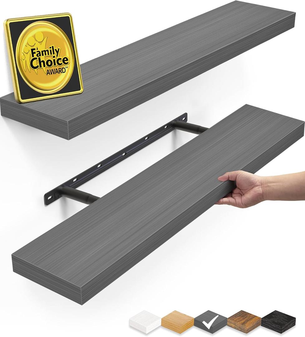 BAYKA Floating Shelves Grey, 22.5 inch Rustic Wood Wall Mounted Shelves for Bathroom, Bedroom, Living Room, Kitchen, Hanging Shelf for Books/Storage/Decor (Gray,Set of 2) (D. Grey - Industrial Edge Style)