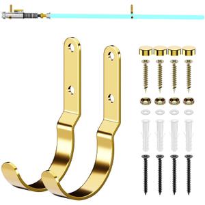 1 Pair Lightsaber Wall Mount Stand Metal Light Saber Wall Display Rack Horizontal Lightsaber Holder Placement Stand Heavy Duty Utility J Hooks for Outdoor Indoor (Gold)