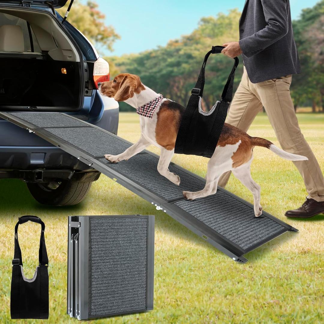 Folding Pet Car Ramp with Non-Slip Rug Surface, Portable Ramp with Dog Lift Harness for Cars and SUVs, 63" L x 17" W Stair Ramp for Large Dogs Up to 200lbs 