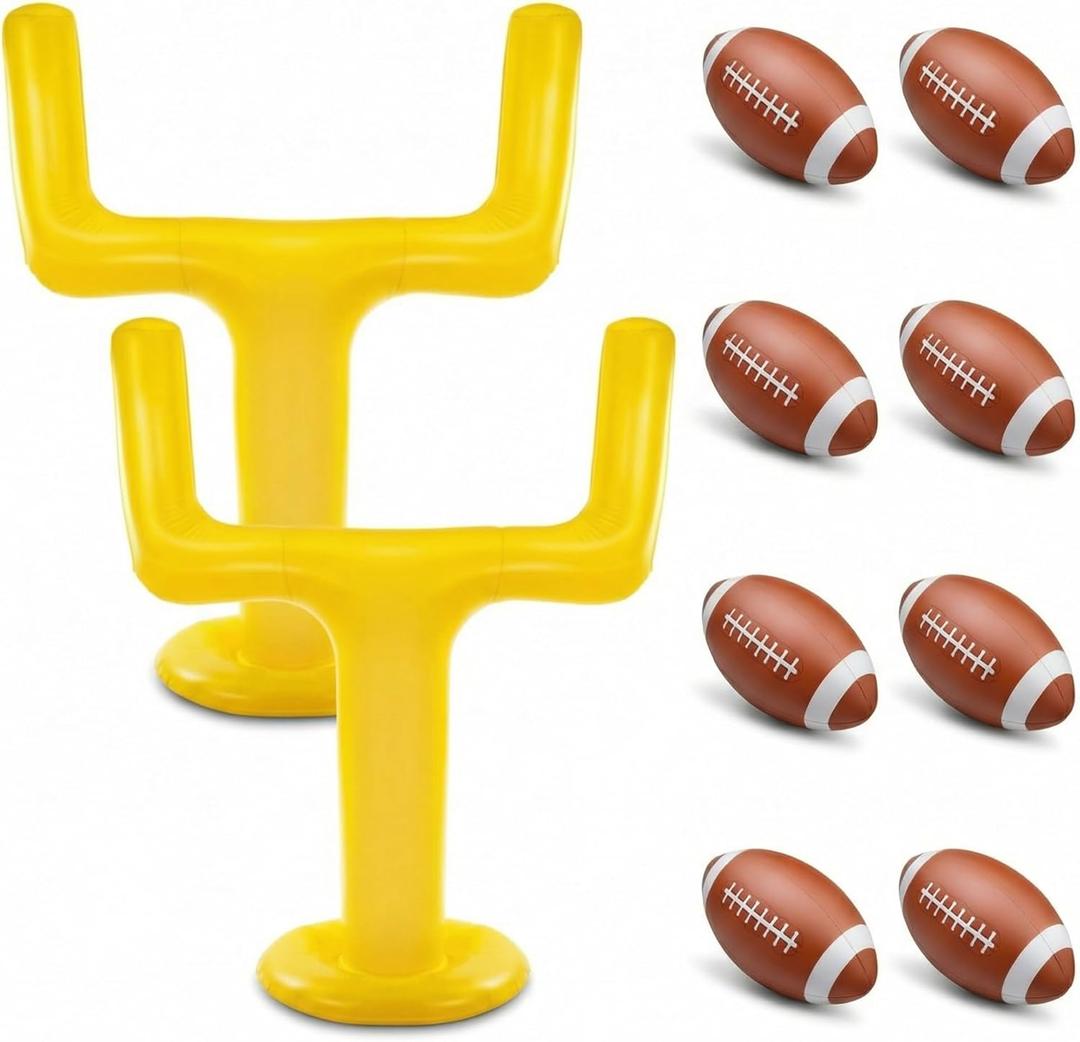 Meooeck 10 Pcs Football Party Supplies Kit,2 Inflatable 70.8'' Jumbo Football Goal Post and 8 Blow Up Footballs for Tailgate Outdoor Celebrations & Themed Day Party Game