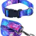 2PCS Cat Dog Collar and Galaxy Leash Set Pet Gift Adjustable Dogs Space Collars for Small to Large Pets (Small) (S (7"-12"))