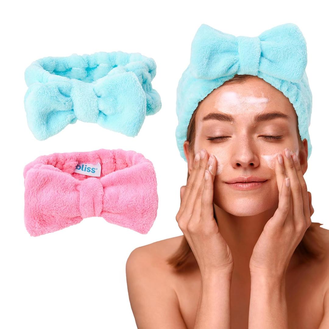 Bliss Women's Spa Headband - 2 Pack Microfiber Towel for Washing Face, Skin Care, Makeup and Messy Hair - Preppy Stuff Shower Accessories with Elastic Band and Hair Bow