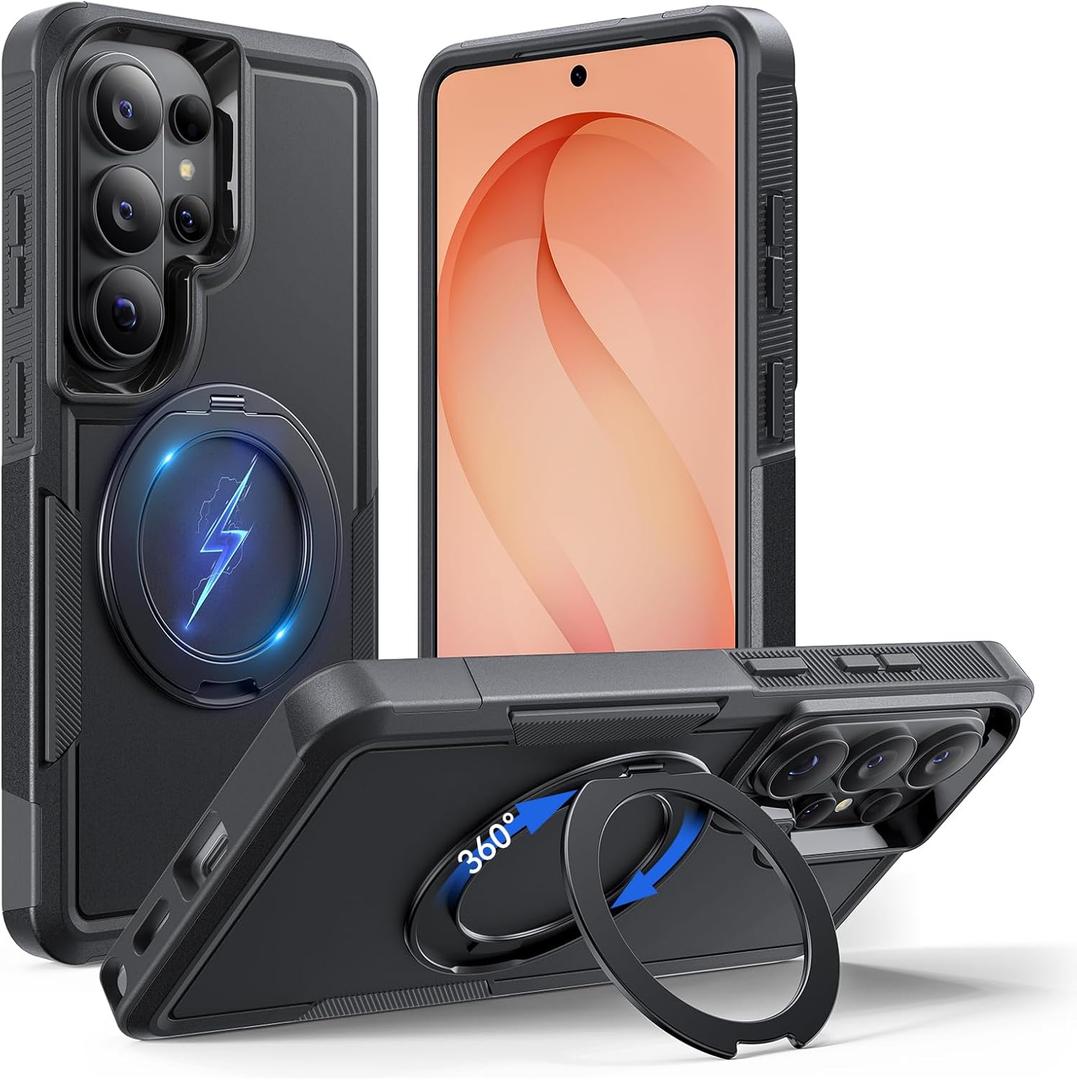 for Samsung Galaxy S26 Ultra case with Stand, 7X Military-Grade Drop Protection, Shock-Absorbing Phone Rugged Cover, Compatible with MagSafe Accessories,360 Magnetic Stand, Black