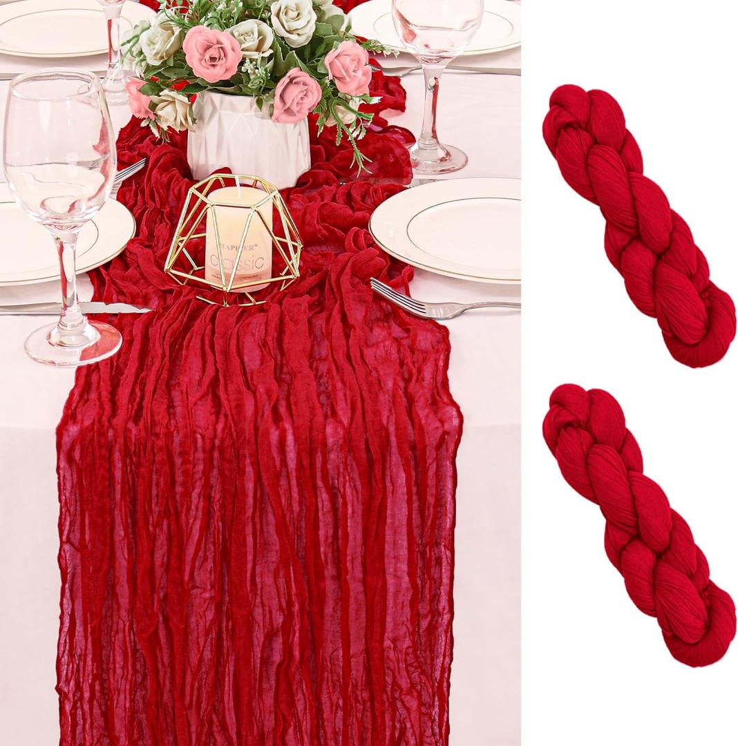 2 Pack 120 Inch Red Cheesecloth Table Runner Boho Rustic Gauze Sheer Romantic 10 FT Long Cheese Cloth Table Runner for Bridal Baby Shower Wedding Party Birthday Holiday Home Easter Decor (Red)