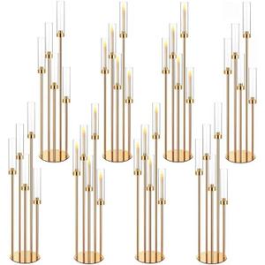 Gold Arm Floor Candelabra Floor Candle Holders Metal Candle Holders with Acrylic Lampshade Candlestick Centerpiece for Electronic Wedding Home Party Decoration 7 Pack