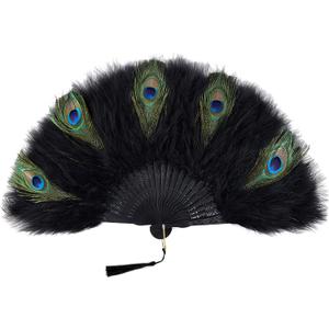 BABEYOND Marabou Feather Fan 20s Vintage Folding Fan Flapper Hand Fan for Costume Dancing Show Tea Party Wedding Decoration (Black&Peacock-Black Rib)