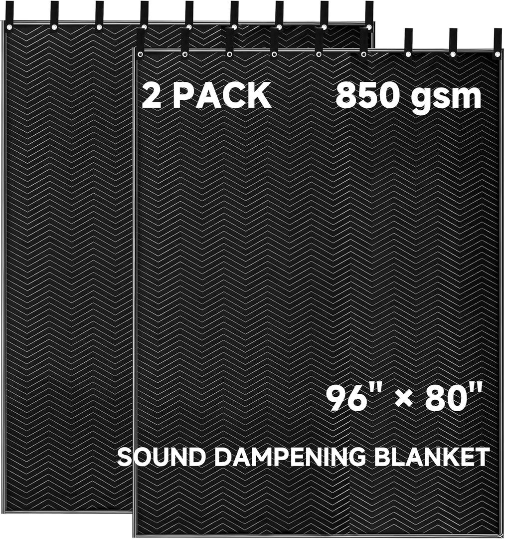 2 Pack Large Sound Dampening Blankets - 96" x 80" Heavy Duty 850GSM Acoustic Sound Blankets for Studio, Noise Reduction in Rooms, Home Theaters | Grommets for Easy Hanging, Light Blocking