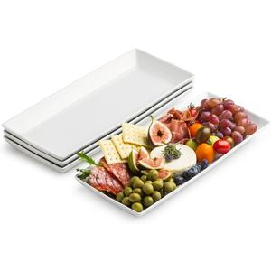 Serving Platters and Tray White Serving Dishes for Entertaining 14-inch Large Rectangle Plates for Easter, Mother's Day, Porcelain Serving Trays for Steak, Taco, Sushi, Appetizer, Party, Set of 4