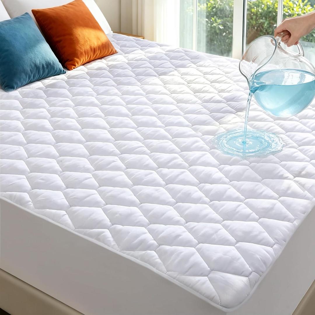 King Size Mattress Protector Waterproof Washable Mattress Padded Cover Fitted Bed Protection Noiseless Plastic Bed Pad Deep Pocket Up to 18“ Soft and Breathable（White）
